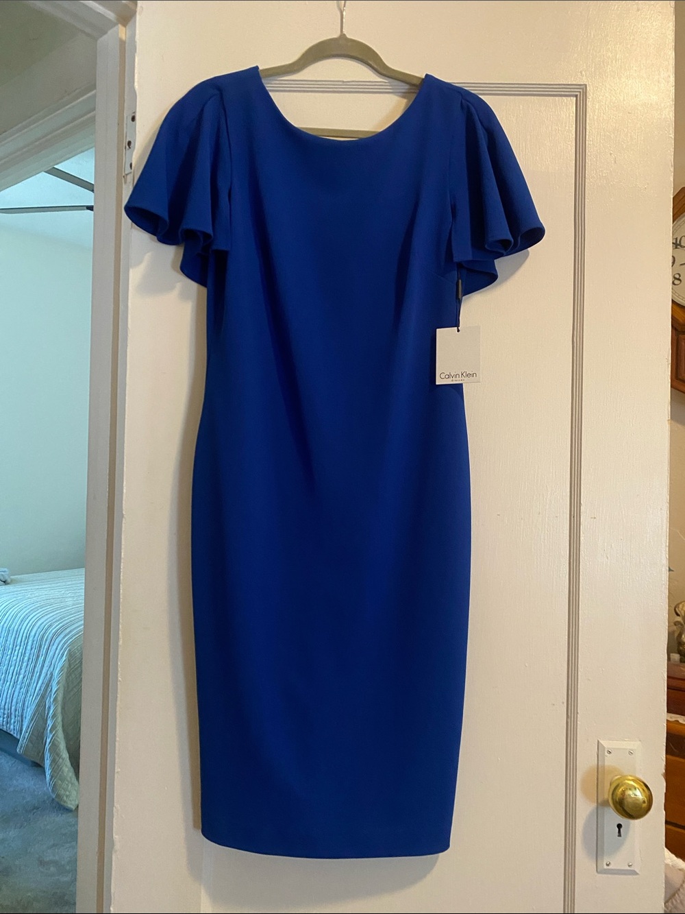 Calvin Klein Cobalt Blue Flutter-Sleeve Midi Dress